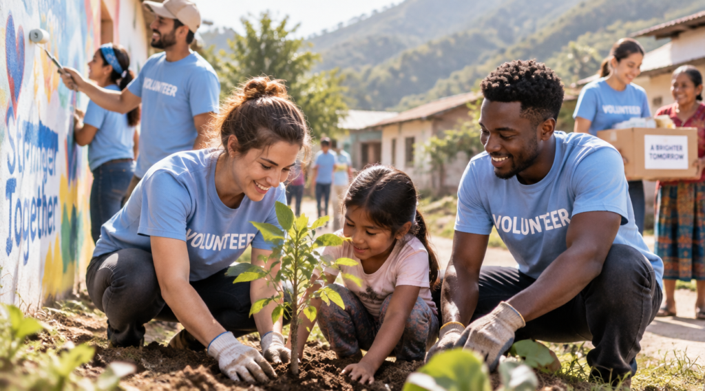 A warm, authentic documentary-style photograph of a diverse group of international volunteers working together on a community project in a sunny outdoor setting. Young adults from different ethnicities wearing matching t-shirts are planting trees, painting a community center wall, and helping local families. The scene conveys trust, collaboration, and genuine human connection. Soft natural lighting, vibrant but natural colors, shallow depth of field focusing on smiling volunteers in the foreground with a blurred background of a rural village. Professional editorial photography style, high resolution, 16:9 aspect ratio, suitable for a blog header image.