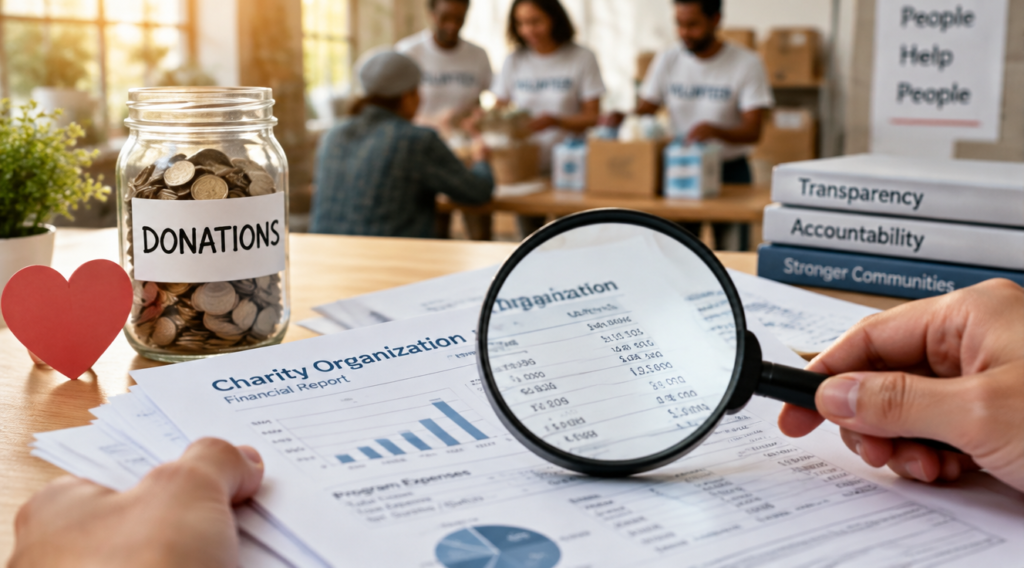 A high-quality professional photograph showing a close-up of hands holding a magnifying glass over a charity organization's official documents and financial report, with a soft-focus background featuring a transparent donation jar filled with coins, a heart symbol made of paper, and blurred figures of volunteers helping others, warm natural lighting, shallow depth of field, trustworthy and informative mood, realistic photography style, 4K resolution