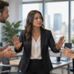 A professional, photorealistic scene in a modern corporate office where a calm, confident person is stepping in between two colleagues who appear to be in a tense discussion. The intervening bystander has a composed, empathetic posture with open, non-threatening hand gestures, demonstrating active de-escalation techniques. Soft natural daylight streaming through large windows, warm neutral color palette with subtle blue accents, shallow depth of field focusing on the intervention moment. The atmosphere conveys safety, calm authority, and positive resolution. Cinematic composition, high detail, professional photography style, 4K quality.